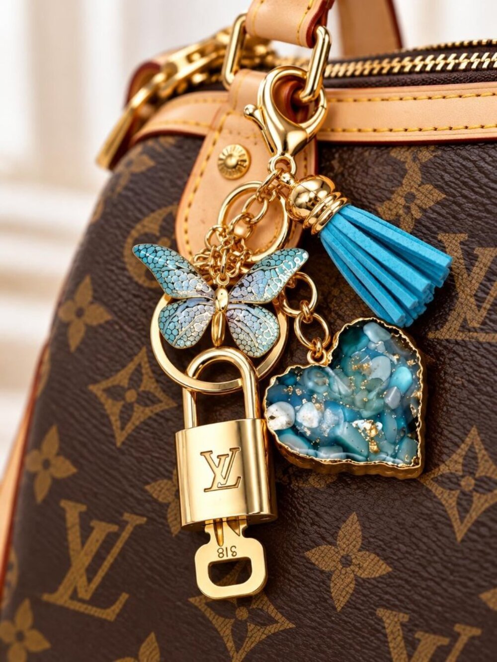 Authentic Louis Vuitton Padlock & Key Gold ✨Unbranded Heart Bag Charm Keychain